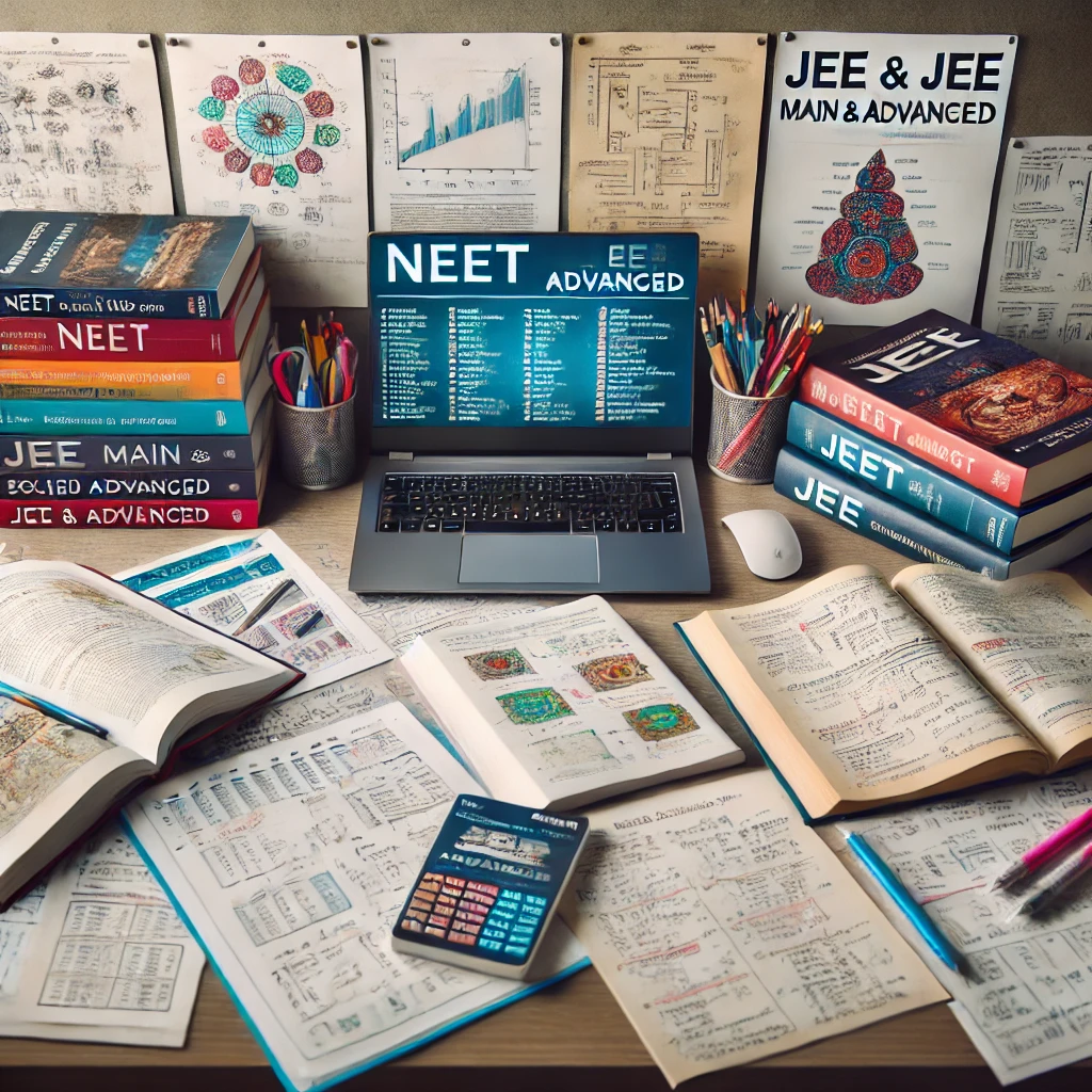 IGNIS CAREER INSTITUTE 13 - A neatly arranged study desk filled with comprehensive study materials for NEET and JEE Main & Advanced. The desk contains textbooks, detailed notes,